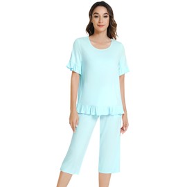 NACHILA Women's Pajamas-Viscose Made from Bamboo,Short Sleeve Pjs Soft Capri Pants Pajama Set Ruffle Sleepwear with Pockets Aqua Green Large