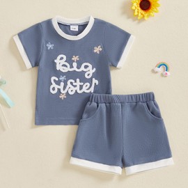 Amnnchya Toddler Baby Girl Clothes Floral Infant Summer Shirt Shorts Set Cute Big Sister Little Sister Matching Outfits (Blue Big Sister, 3-4T)