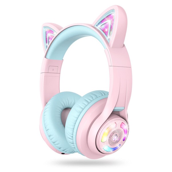 iClever Cat Ear Kids Bluetooth Headphones, LED Lights Up, 74/85dBA