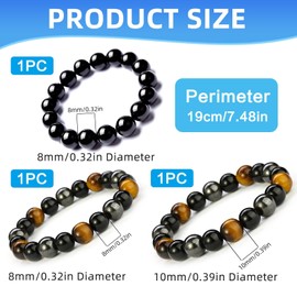 2 Stück 8/10MM Tigerauge Armband 1 Stück 8MM Obsidian Armband mit dreifachem Schutz Unique Chakra Buddha Schwarzer Turmalin Stein Armbänder Stretch Energiearmband Unisex für Freunde Ehemann Vater