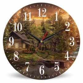 Mxocom Cabin by River Wall Clock Wooden Hut Tranguility Warmt 10 Inch Silent Non Ticking Battery Operated Clock Vintage Round Clock for Living Room Bedroom Bathroom Office Decor
