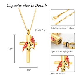 XSMZB Cross Cremation Jewelry for Ashes Funeral Memorial Pendant Hold Ashes Red Cardinal Cross Urn Necklace for Human Pet(Gold)