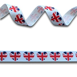 5 Yards (4.5 metres) Union Jack Flag Red White & Blue GB Love Heart Grosgrain Ribbon 22mm Wide, Ideal for Craft Projects, Scrapbooking, DIY Hair Bows, Present Wrapping etc.