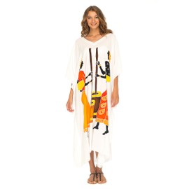 SHU-SHI - Women's Kaftan Dress - Long Kimono to Wear Over Swimwear - Tribal Design, Stomping Women - White