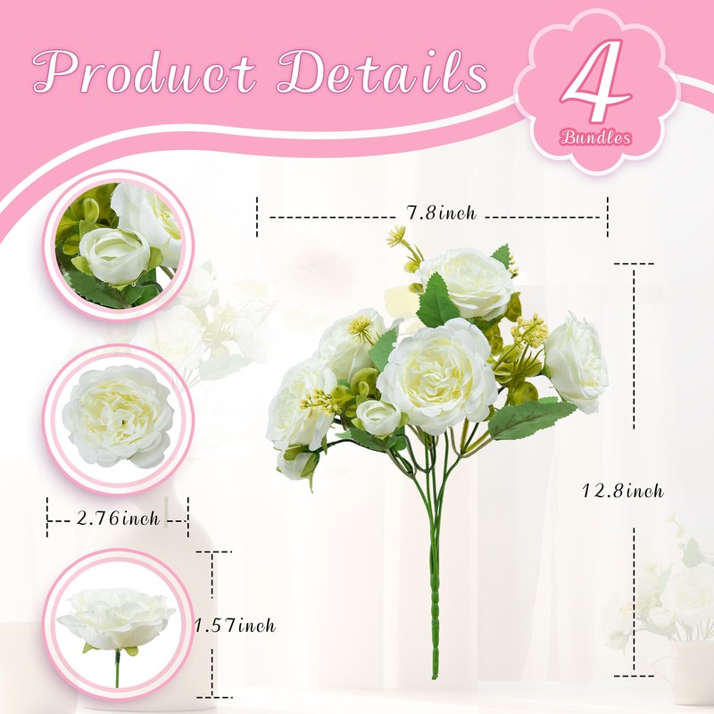 Artificial Peonies Silk Flowers Bouquets: Faux Peony Bouquet 4 Bundles,