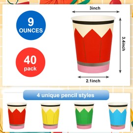 Whaline 40Pcs Back to School Pencil Paper Cups 9 oz Disposable Coffee Cup 4 Colors Pencil Shaped Party Cup for Graduation Kindergarten Party Supplies