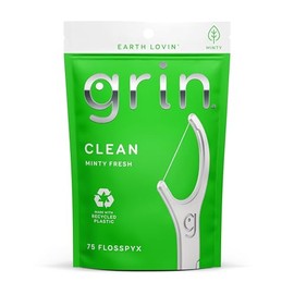 GRIN Clean Flosspyx - Lote de 75 hilos dentales con sabor a menta, plástico reciclado, hilo dental fino superfuerte, dientes apretados, cabezal de hilo dental más largo de alta calidad, incluye seguro