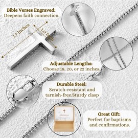 Ldurian Cross Chain for Men, Mens Cross Necklaces Inspirational Bible Verse Pendant Guys Necklaces, Stainless Steel Religious Christian Religious Gifts, 22inch, Stainless Steel, No Gemstone