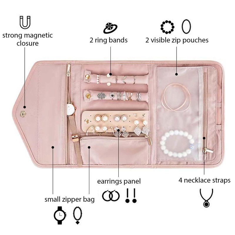 Jewellery Organizer Roll Bag Leather Jewelry Storage Roll, Portable Jewelry