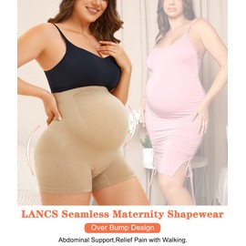 LANCS Maternity Shorts Shapewear Pregnancy Panties High Waist Maternity Underwear Over Bump for Dresses Baby Shower(as1, alpha, x_l, regular, regular, Beige)