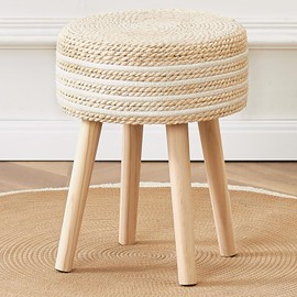 Cpintltr Round Ottoman Footstool Natural Seagrass Foot Stool Pouf Ottomans with Solid Wood Legs Hand Weave Hyacinth Footrest Step Stool for Living Room Balcony Garden Natural & White