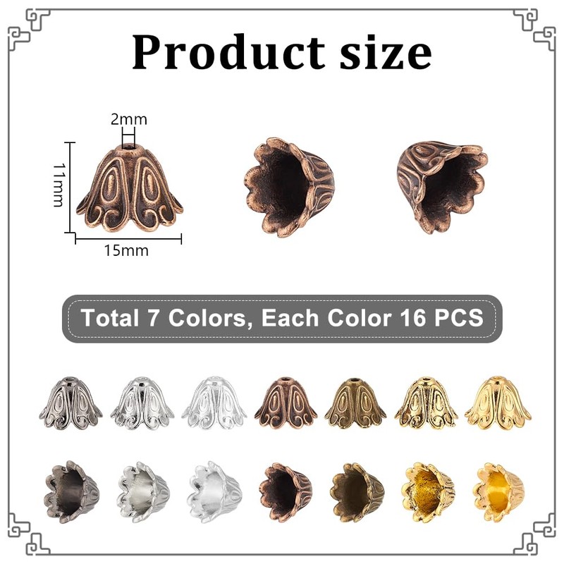 PH PandaHall 112pcs 7 Colours Flower Bead Caps Metal End