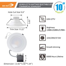 Run Bison 10 Inch Recessed LED Commercial Downlight with J-Box, Wattage Adjustable 22/29/37.5W,3 Color Selectable 3000K-5000K, 120-277V,0-10V Dimmable, IC Rated,Canless LED Downlight,UL & Energy Star