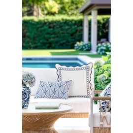Hofdeco Premium Coastal Patio Indoor Outdoor Lumbar Pillow Cover Only, 12"x20" Water Repellent for Backyard, Couch, Navy Blue Print Geometric Leafs