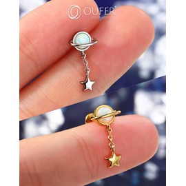 OUFER 16G Dangle Helix Earring 8mm Gold Cartilage Earring Star Lip Stud Stainless Steel 316L Helix Stud Planet Internally Threaded Opal Flat Back Earring Helix Ring For Women