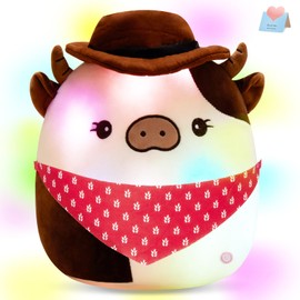 Houwsbaby 14" Light Up Cowboy Cow Plush Pillow, Glowing in Dark Cow Stuffed Animal with Auto-Off Timer, Squishy Kids' Sleep Companion Plush Toy, Holiday Birthday
