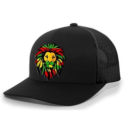 Trenz Shirt Company Men's Marley Rasta Lion Rastafarian Flag Colors Embroidered Trucker Hat - Black/Black