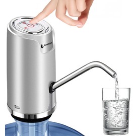 GentleJet Drinking Water Dispenser for 5 Gallon Bottle, Electric Rechargeable Portable Water Dispenser, USB Charging Water Bottle Pump with Switch for 2, 3, 4, 5 Gallon Jug (Silver)