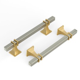 Haliwu Brushed Nickel and Gold Cabinet Pulls, 6 pack 5-inch Hole Spacing Gold Cabinet Handles, Brushed Nickel Cabinet Handles Dresser Pulls Drawer Handles, Kitchen Cupboard Square 2 Tone Cabinet Pulls