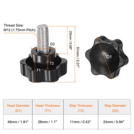 QUARKZMAN Pack of 2 Knurled Screws with Star Handle M12 x 25 mm x 46 mm Star Grip Screw Plastic Knob Stainless Steel 304 Threaded Bolts Clamping Screw Star Grip Nut Clamping Knob for Machine