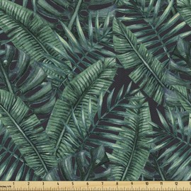 Ambesonne Palm Leaf Fabric by The Yard, Watercolor Tropical Jungle Leaves Pattern Fresh Rainforest Hawaii Summer, Decorative Fabric for Upholstery and Home Accents, 10 Yards, Green Black