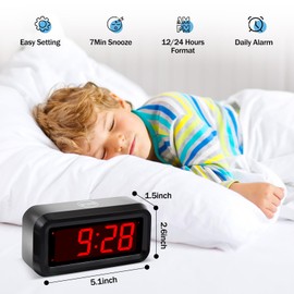 Timegyro Digital Alarm Clock Battery Operated with LED Display for Bedrooms, Long Battery Life for 12 Months, 3 Brightness Adjustable, 12/24 Hour, Snooze, Black Case with Red Digits