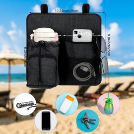 Cosblank Beach Chair Cup Holder Attachment Nylon Chair Drink Holder Phone Water Bottle Holder Organizer 4 Pockets with 2 Self Adhesive Strap for Patio Lounger, Foldable Camping Chair(Dark Gray)