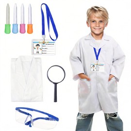 Joyasslly Doctor Cosplay, Scientist Cosplay, Children, Researcher, White Coat, Doctor, Costume, Kids, Lab Coat, Lab Coat, Protective Glasses, Dropper, Name Tag with ID Card, Halloween, Play, Events