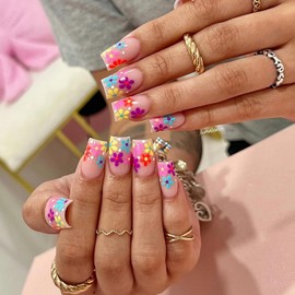 French Tip Press on Nails Medium Square Flower Fake Nails Cute False Nails with Colorful Floral Designs Glossy Glue on Nails Spring Summer Acrylic Nails for Women Girls 24Pcs