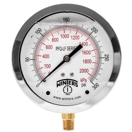 Winters 4" Dial Size, Liquid Filled Pressure Gauge, Potable Brass Internals, 304 Stainless Steel Case, Dual Scale 0-300 psi/kPa, 1.5% Acc, 1/4" NPT Bottom Mount, Drinking Water Pressure Gauge