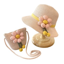OPVXZAD Straw Hat and Small Bag Set Flower Visor Sun Hat Girls Summer Hat Beach Hat for Holidays Travel Outdoor Activities for 2-5 Years Olds