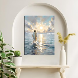 AKWISH Jesus Canvas Wall Art, Christian Wall Decor of Jesus Walking on Water, Inspirational God Picture for Living Room, Prayer Room or Church, Catholic Religious Artwork – 16"x24" Framed