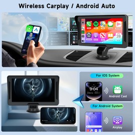 Protable Carplay Screen for Car, Hodozzy 7 Inch Wireless Carplay & Android Auto Screen, Car Audio Receiver with Backup Camera 1080P,EQ/Voice Control/Bluetooth/FM/AUX/TF Card/Mirror Link