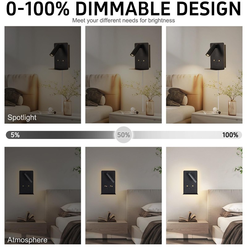 ZEROUNO Modern Wall Mounted Reading Lights Plug in, Black Headboard
