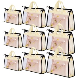 Cptoion 9 Pack Dust Bags for Purses and Handbags,4 Size Purse Storage Organizer for Closet,Clear Handbag Storage Organizer,Purse Storage Bags with Zipper Handle and Hooks,Purse Protector Bag