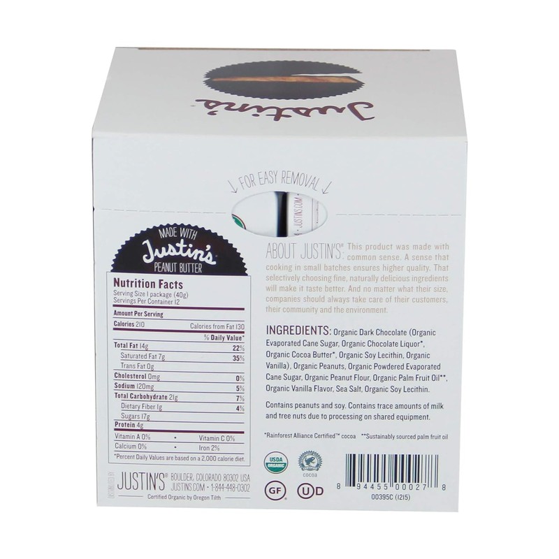 Justins, Peanut Butter Cups Dark Chocolate Box Organic, 1.4 Ounce,