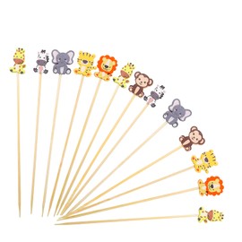 Catelves Animal Cocktail Sticks, Pack of 100 Animal Skewers Finger Food Children, Tiger Wooden Skewers Lion Cocktail Decoration 13 cm, Animals Toothpicks Wood 6 Styles, Cheese Skewers Fruit Skewers