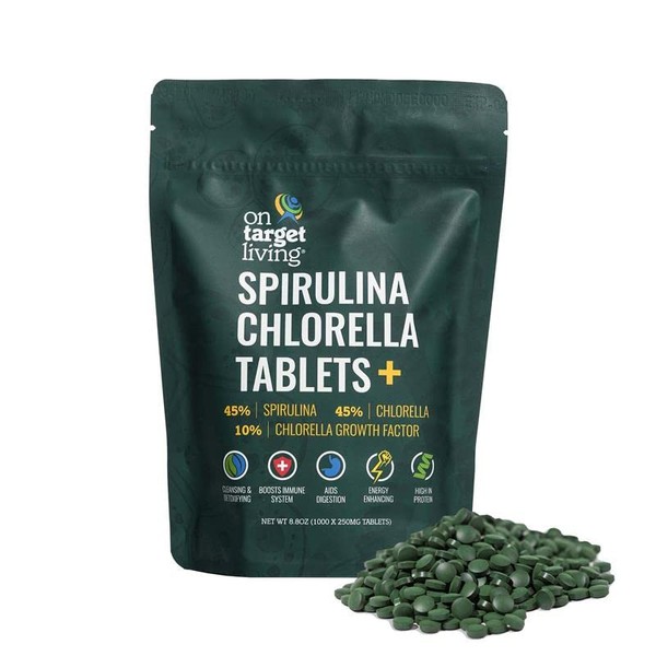 On Target Living Spirulina Chlorella + CGF | 1000 Tablets | Vegan | Boosts Immune System | High in Protein | Alkalyzing | Nutrient Dense | Detoxifying | Energy | Recovery |