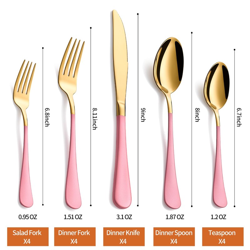 Lekoton 20 Piece Gold and Pink 18/0 Flatware Utensil Set