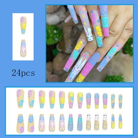 24 Pcs Easter Press on Nails Long Coffin with Easter Egg Rabbit Fake Nails Glossy Easter Bunny Embossed Design Full Cover Acrylic False Nails with Glue for Women Girls Easter Nail Decorations
