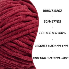 Hilo de chenilla grueso de color burdeos para ganchillo, hilo de bebé para ganchillo suave manta de ganchillo/Amigurumi, 100 g (87.4 yardas) de terciopelo esponjoso súper voluminoso