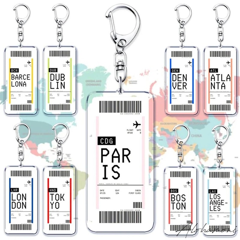 [ALOHAMONI] BOARDING PASS Flight Keychain Acrylic Key Holder Airport Route