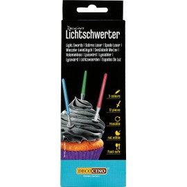 DECOCINO Lightsabers Pack of 12 - 10.5 cm - Reusable Muffin Toppers in Red, Blue and Green - Ideal for Decorating Cupcakes, Cakes or Cakes