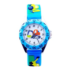 Mixe Glow in Dark Time Teacher Kids Boys Girls 3D Loader and Excavator Truck Blue Rubber Strip Analog Watches Cartoon Birthday Xmas Gift