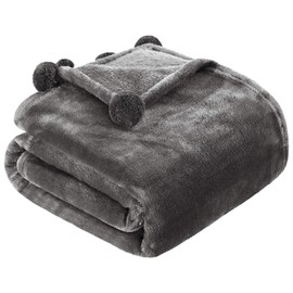 HOMEIDEAS Flannel Fleece Blanket Throw Size with Pompoms Fringe - Lightweight Fuzzy Blanket for All Season - Super Soft for Couch Bed Camping Travel (50x60, Charcoal/Dark Grey)