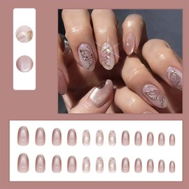 ONPRESS 24Pcs Light Pink Press on Nails Short Almond Fake Nails Gold Glitter French Tips Glue Nails with Butterfly Design Glossy Full Cover Acrylic Nails Stick on Nails for Women Manicure