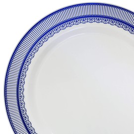 " OCCASIONS" 100 Plates Pack,(50 Guests) Heavyweight Premium Wedding Party Disposable Plastic Plates Set -50 x 10.5'' Dinner + 50 x 7.5'' Salad/Dessert (Louvre in Metallic Blue)