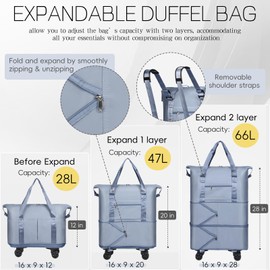 VOOWO Duffel Bag with Wheels - Rolling Foldable Expandable Duffle Bag with Wheels for Travel, Rolling Luggage Bag Carry On Travel Bag with Wheels, Large Wheeled Overnight Weekender Bag