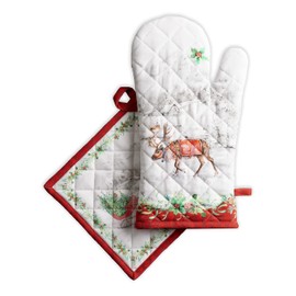 Maison d' Hermine Oven Mitt + Pot Holder 100% Cotton Oven Mitt (19cm x 33cm) & Pot Holder (20cm x 20cm), Chef, Baking, Grilling, Christmas Tradition - Thanksgiving/Christmas