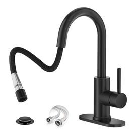 Phiestina Pull Down Sprayer Matte Black Bathroom Faucet, Single Handle Single Hole Bathroom Sink Faucet with 4 Inch Deck Plate, Metal Pop-up Drain and Water Supply Lines, WECL-08-MB